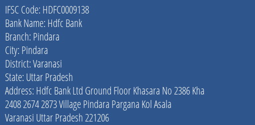 Hdfc Bank Pindara Branch Varanasi IFSC Code HDFC0009138