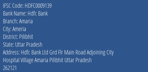 Hdfc Bank Amaria Branch Pilibhit IFSC Code HDFC0009139