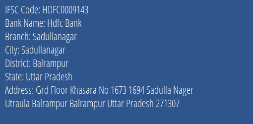 Hdfc Bank Sadullanagar Branch Balrampur IFSC Code HDFC0009143