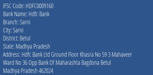 Hdfc Bank Sarni Branch Betul IFSC Code HDFC0009160