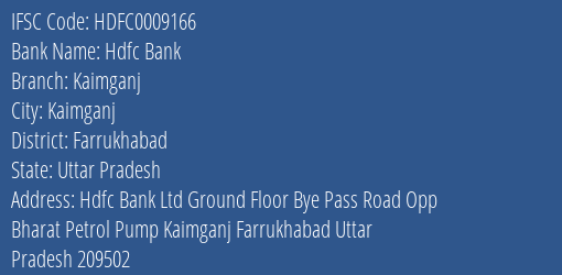 Hdfc Bank Kaimganj Branch Farrukhabad IFSC Code HDFC0009166