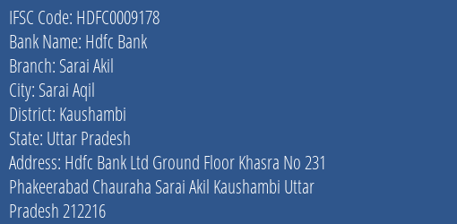 Hdfc Bank Sarai Akil Branch Kaushambi IFSC Code HDFC0009178