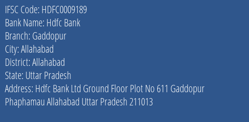 Hdfc Bank Gaddopur Branch, Branch Code 009189 & IFSC Code Hdfc0009189