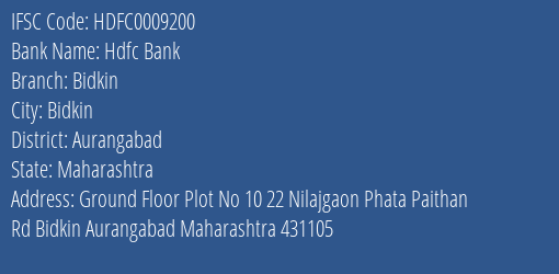 Hdfc Bank Bidkin Branch Aurangabad IFSC Code HDFC0009200