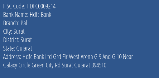 Hdfc Bank Pal Branch Surat IFSC Code HDFC0009214
