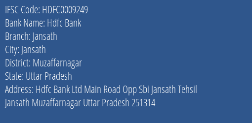 Hdfc Bank Jansath Branch Muzaffarnagar IFSC Code HDFC0009249