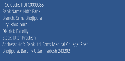 Hdfc Bank Srms Bhojipura Branch Bareilly IFSC Code HDFC0009355