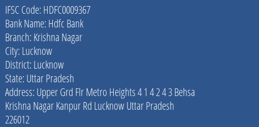 Hdfc Bank Krishna Nagar Branch Lucknow IFSC Code HDFC0009367