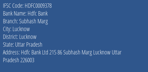 Hdfc Bank Subhash Marg Branch Lucknow IFSC Code HDFC0009378
