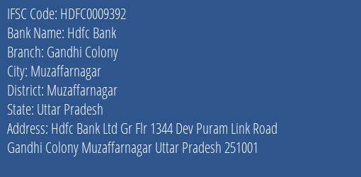 Hdfc Bank Gandhi Colony Branch Muzaffarnagar IFSC Code HDFC0009392