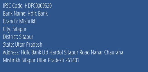 Hdfc Bank Mishrikh Branch Sitapur IFSC Code HDFC0009520