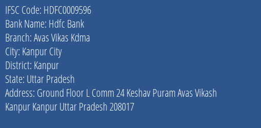 Hdfc Bank Avas Vikas Kdma Branch Kanpur IFSC Code HDFC0009596