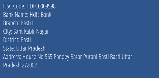Hdfc Bank Basti Ii Branch Basti IFSC Code HDFC0009598