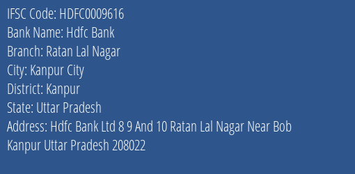 Hdfc Bank Ratan Lal Nagar Branch Kanpur IFSC Code HDFC0009616