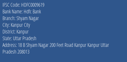 Hdfc Bank Shyam Nagar Branch Kanpur IFSC Code HDFC0009619