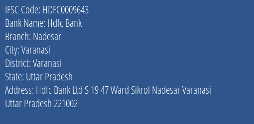 Hdfc Bank Nadesar Branch Varanasi IFSC Code HDFC0009643
