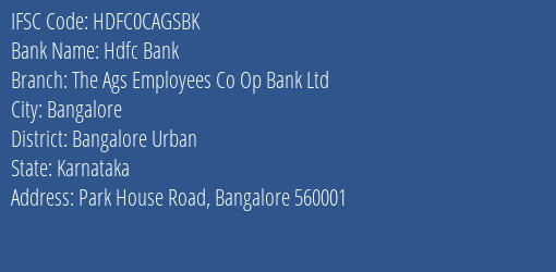 Hdfc Bank The Ags Employees Co Op Bank Ltd Branch, Branch Code CAGSBK & IFSC Code HDFC0CAGSBK