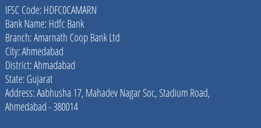 Hdfc Bank Amarnath Coop Bank Ltd Branch Ahmadabad IFSC Code HDFC0CAMARN