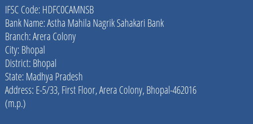 Hdfc Bank Astha Mahila Nagrik Sahakari Bank Branch Bhopal IFSC Code HDFC0CAMNSB