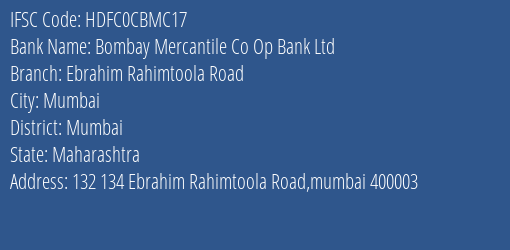 Hdfc Bank Bombay Mercantile Co Op Bank Ltd Branch, Branch Code CBMC17 & IFSC Code HDFC0CBMC17