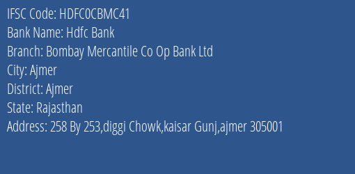 Hdfc Bank Bombay Mercantile Co Op Bank Ltd Branch, Branch Code CBMC41 & IFSC Code HDFC0CBMC41