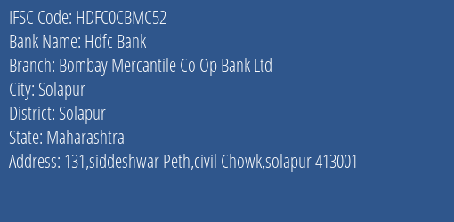 Hdfc Bank Bombay Mercantile Co Op Bank Ltd Branch, Branch Code CBMC52 & IFSC Code HDFC0CBMC52
