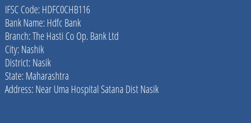 Hdfc Bank The Hasti Co Op. Bank Ltd Branch, Branch Code CHB116 & IFSC Code HDFC0CHB116