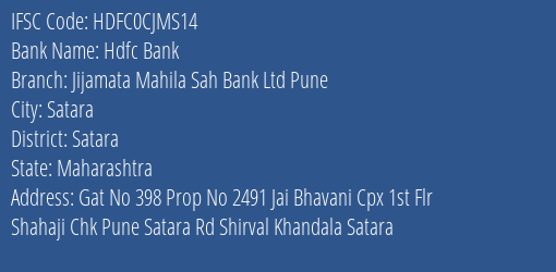 Hdfc Bank Jijamata Mahila Sah Bank Ltd Pune Branch, Branch Code CJMS14 & IFSC Code HDFC0CJMS14