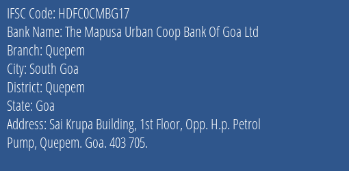 Hdfc Bank The Mapusa Urb Coop Bank Of Goa Ltd Branch, Branch Code CMBG17 & IFSC Code HDFC0CMBG17