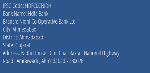 Hdfc Bank Nidhi Co Operative Bank Ltd Branch, Branch Code CNIDHI & IFSC Code HDFC0CNIDHI
