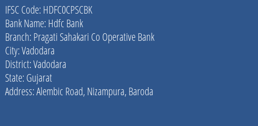 Hdfc Bank Pragati Sahakari Co Operative Bank Branch, Branch Code CPSCBK & IFSC Code HDFC0CPSCBK