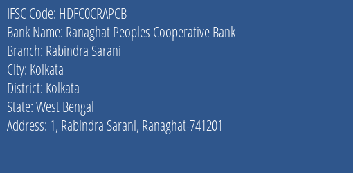 Hdfc Bank Ranaghat Peoples Cooperative Bank Branch, Branch Code CRAPCB & IFSC Code HDFC0CRAPCB