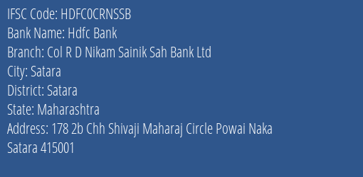 Hdfc Bank Col R D Nikam Sainik Sah Bank Ltd Branch, Branch Code CRNSSB & IFSC Code HDFC0CRNSSB