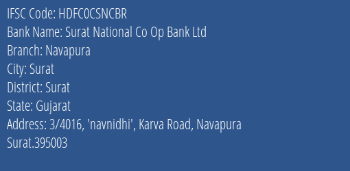 Hdfc Bank Surat National Co Op Bank Ltd Branch, Branch Code CSNCBR & IFSC Code HDFC0CSNCBR