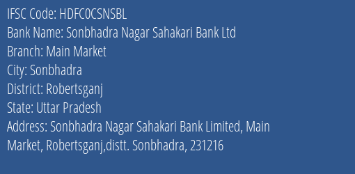 Hdfc Bank Sonbhadra Nagar Sahakari Bank Ltd Branch Sonbhadra IFSC Code HDFC0CSNSBL