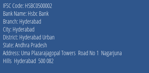 Hsbc Bank Hyderabad Branch Hyderabad Urban IFSC Code HSBC0500002