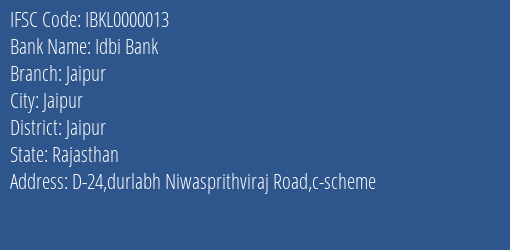 Idbi Bank Jaipur Branch, Branch Code 000013 & IFSC Code IBKL0000013