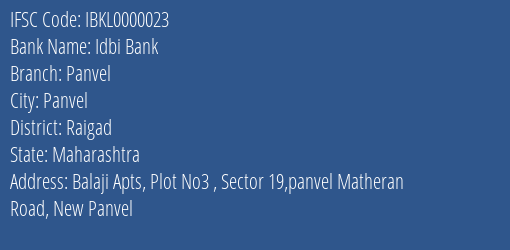 Idbi Bank Panvel Branch, Branch Code 000023 & IFSC Code IBKL0000023