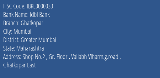 Idbi Bank Ghatkopar Branch IFSC Code