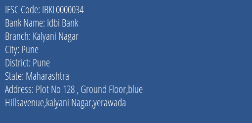 Idbi Bank Kalyani Nagar Branch, Branch Code 000034 & IFSC Code IBKL0000034