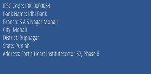 Idbi Bank S A S Nagar Mohali Branch, Branch Code 000054 & IFSC Code IBKL0000054
