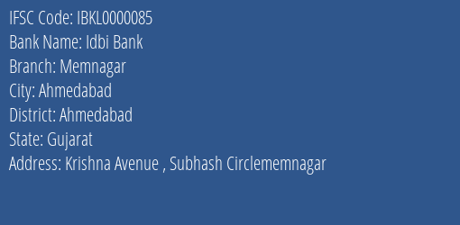 Idbi Bank Memnagar Branch, Branch Code 000085 & IFSC Code IBKL0000085