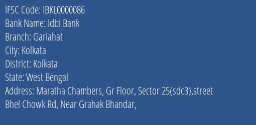 Idbi Bank Gariahat Branch IFSC Code