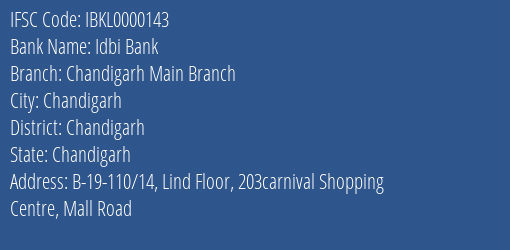 Idbi Bank Chandigarh Main Branch Branch IFSC Code