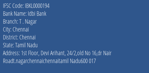 Idbi Bank T . Nagar Branch IFSC Code