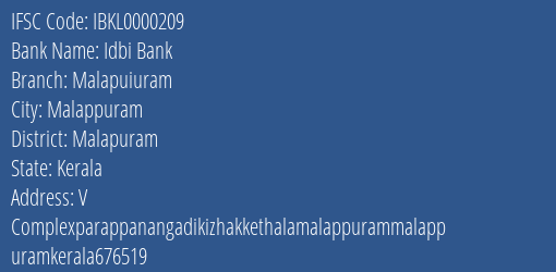 Idbi Bank Malapuiuram Branch, Branch Code 000209 & IFSC Code IBKL0000209