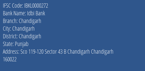Idbi Bank Chandigarh Branch, Branch Code 000272 & IFSC Code IBKL0000272