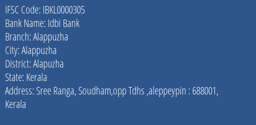 Idbi Bank Alappuzha Branch, Branch Code 000305 & IFSC Code IBKL0000305