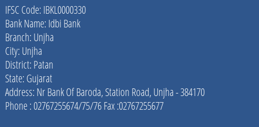 Idbi Bank Unjha Branch, Branch Code 000330 & IFSC Code IBKL0000330