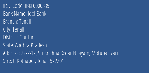 Idbi Bank Tenali Branch, Branch Code 000335 & IFSC Code IBKL0000335